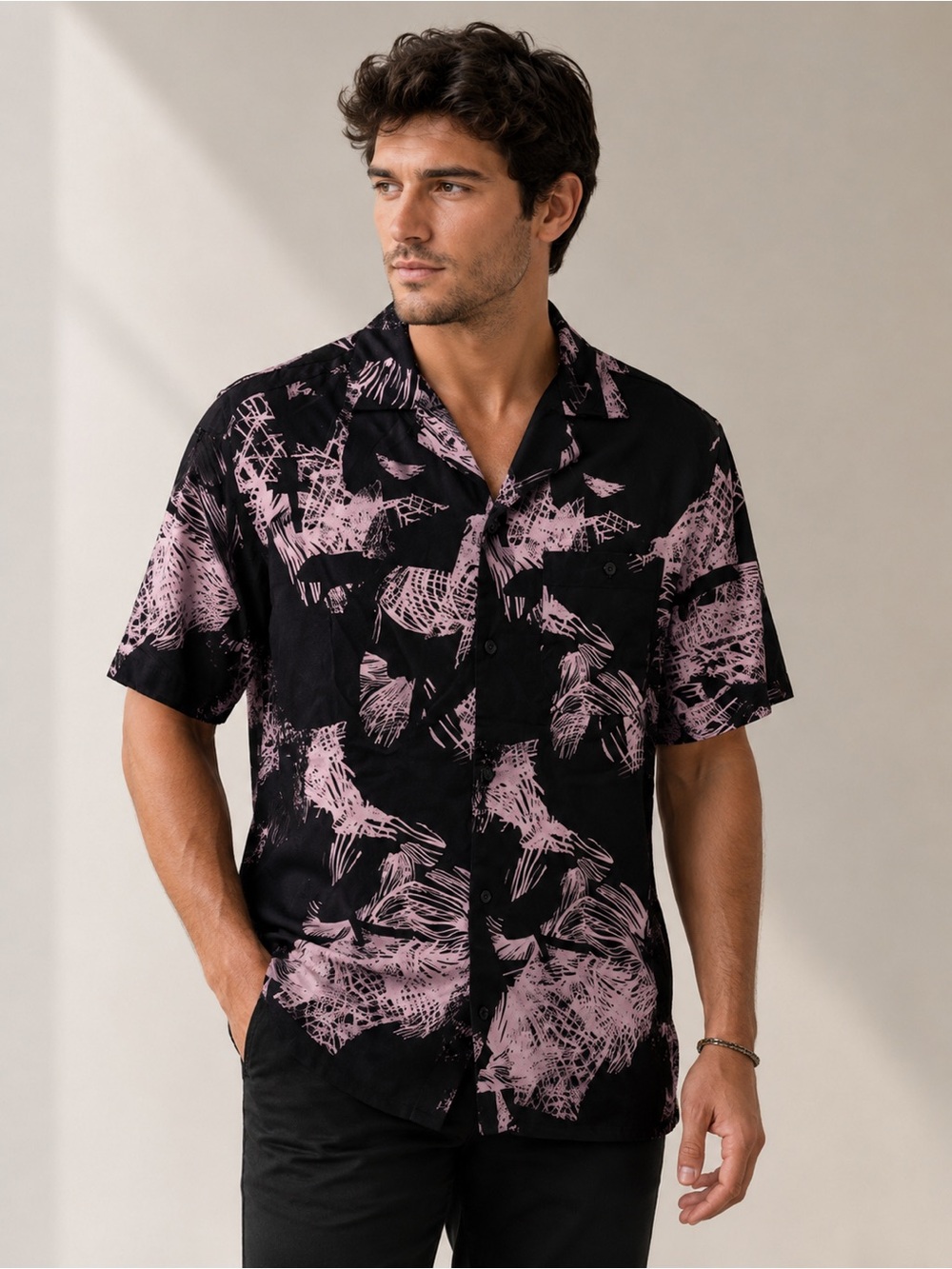 Abound Black and Pink Casual Button Down Shirt. 100% Viscose fabric.